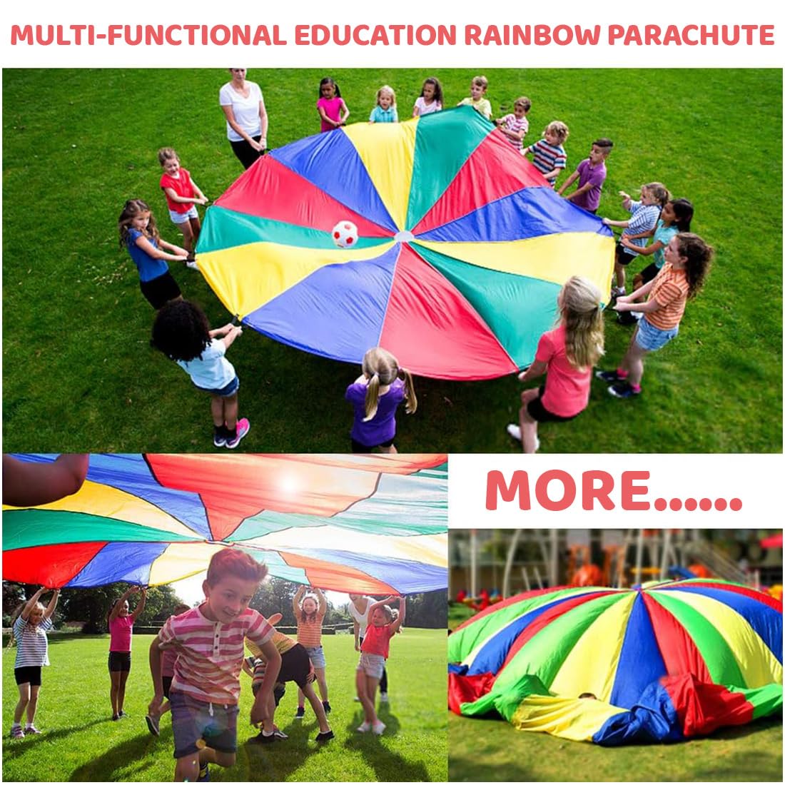 Paracadute Bambini, Paracadute Professionale, Telo Arcobaleno con Maniglie per Giochi di Gruppo, Ginnastica e Feste di Compleanno, Ideale per Interni ed Esterni, 300 cm, 3 metri, 12 bambini