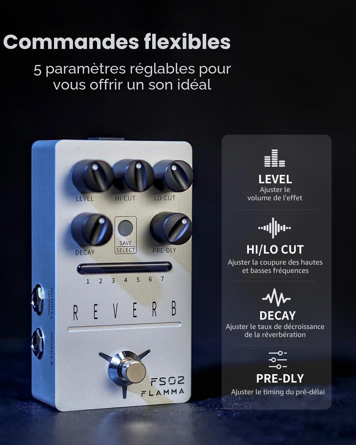 FLAMMA Pédale de réverbération FS02 pour guitare stéréo avec 7 emplacements prédéfinis stockables, 7 effets de réverbération pour chambre, couloir, église, grotte, ressort Mod True Bypass Trail On