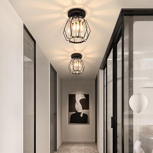 Miniatura 6 de ADISUN Lámpara de techo de cristal en forma de diamante, moderna lámpara de techo semiempotrada para bombilla E26, mini lámpara de techo negra con