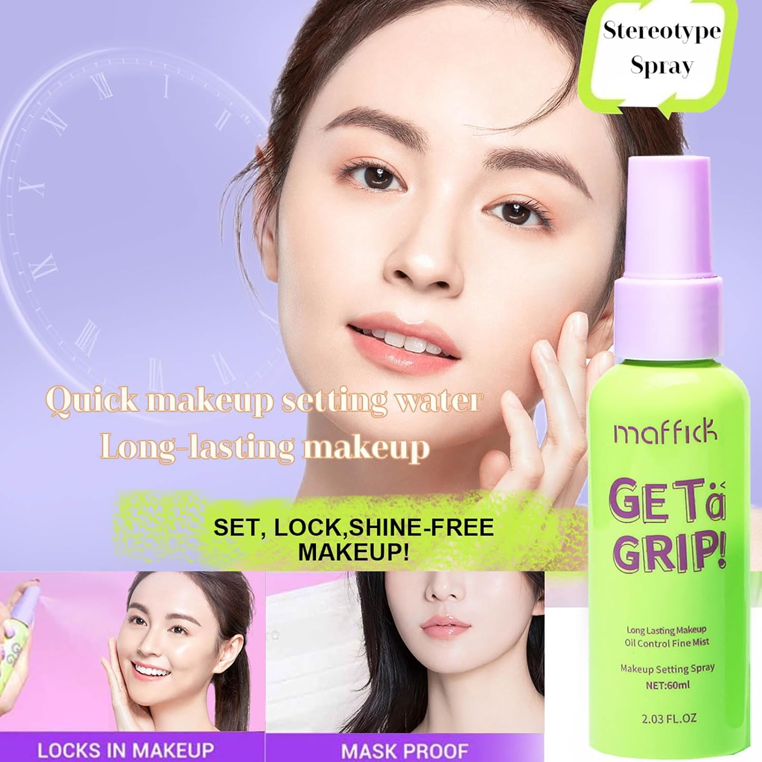 Get a Grip Makeup Setting Spray Lock Makeup Matte Finishing Spray, Oil Control Hydrate Make Up Spray for Long-Lasting Lightweight Makeup