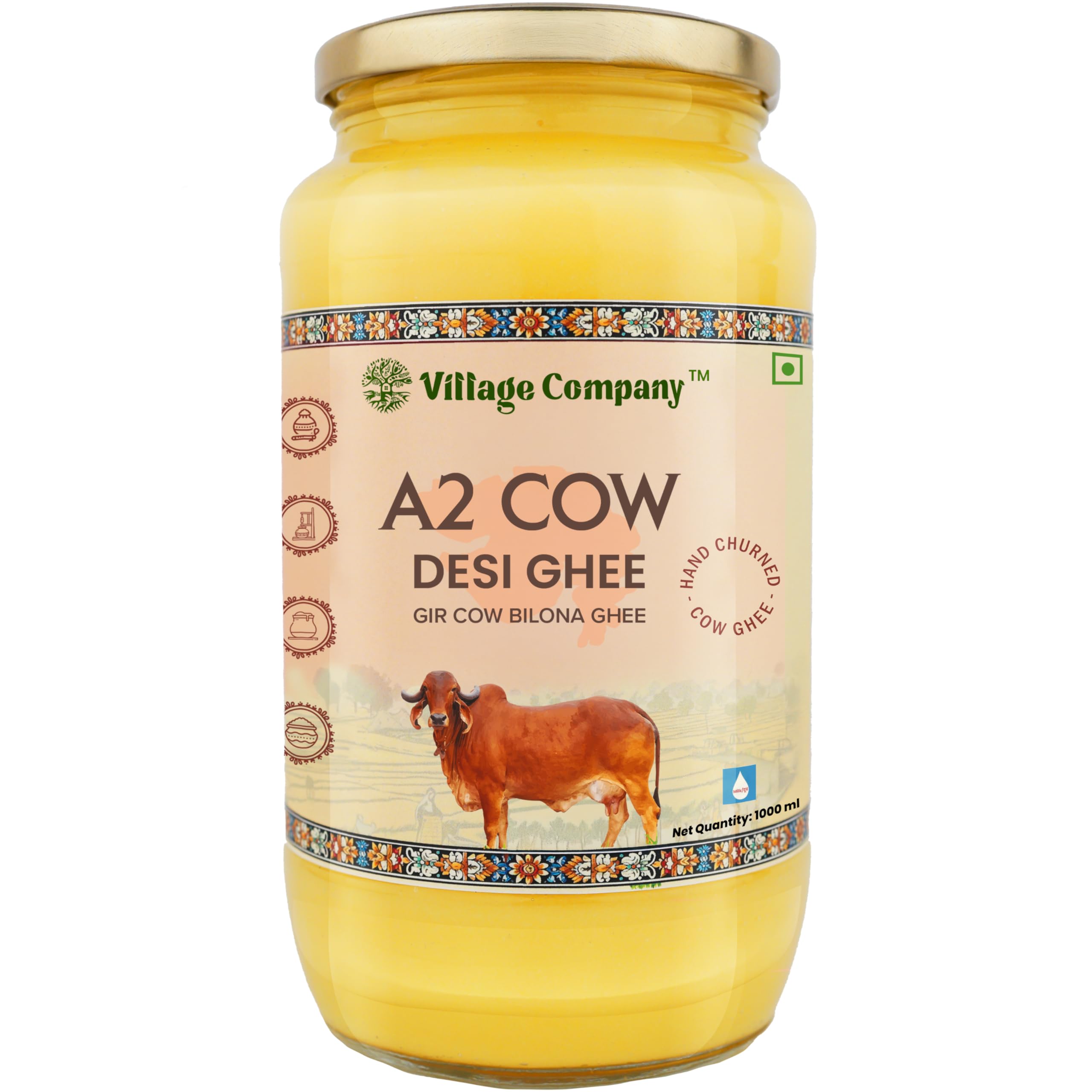 Village Company A2 Cow Desi Ghee 1000ML | Gir Ghee Vedic Bilona Method | Organic Pure Natural | Two Way Curd Churned - Best Farm Fresh Grass Fed Cattle Milk | India Lab Certified | Glass Jar One Litre