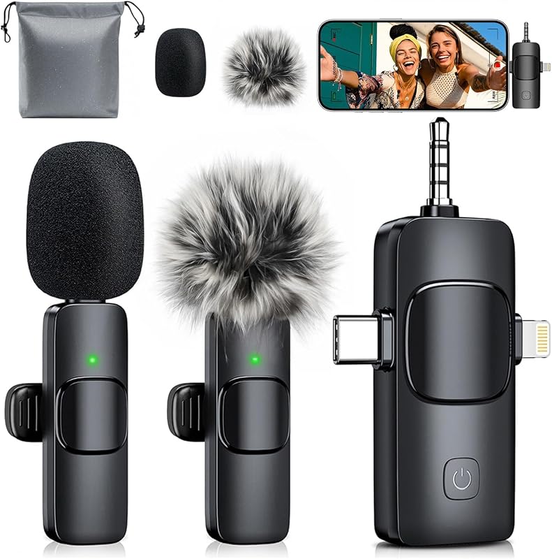 MENERESAS Mini micrófono 3 en 1 para iPhone: Micrófono Lavalier inalámbrico con alcance de 80 pies y batería de 15 horas - Micrófono de solapa con reducción de ruido, monitoreo en tiempo real para grabación de video Acondicionadores de energía