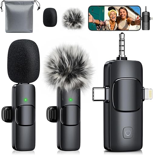 MENERESAS 3-in-1 Mini Microphone for iPhone: Wireless Lavalier Microphone with 80ft Range & 15H Battery - Noise Reduction Lapel Mic, Real-Time Monitoring for Video Recording Power Conditioners