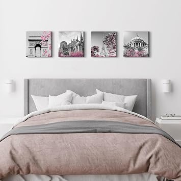 Paris Canvas Wall Art Pink Wall Art Paris City Picutres for Living Room Cherry Blossoms Prints Paintings for Bathroom Cityscape with Eiffel Tower Arc de Triomphe Artwork for Home Decoration 12x12