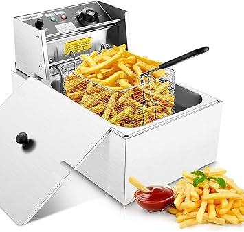Jukkre Electric Deep Fryer with Basket & Lid, 2500W 6 L Electric Deep Fryer with Temperature Control Countertop Frying Machine for for Commercial and Home Use || Silver