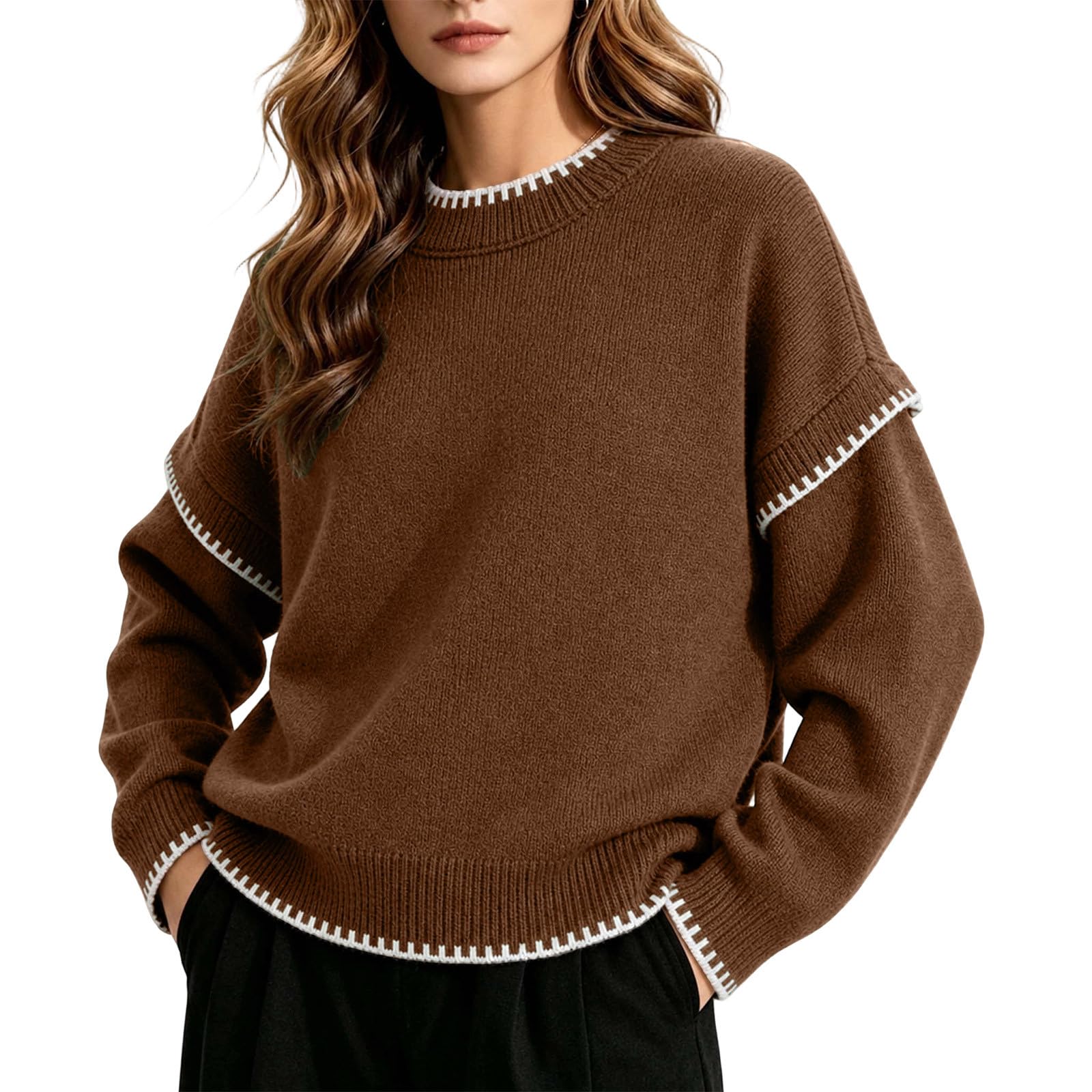 Strickpullover Damen Wolle Sweatshirt Ohne Kapuze Pullover Rundhals Langarm Sweater Farbblock Zopfmuster Strickpulli Warme Winterpullover Oversized Oberteile Elegante Langarmshirt Strick Pulli