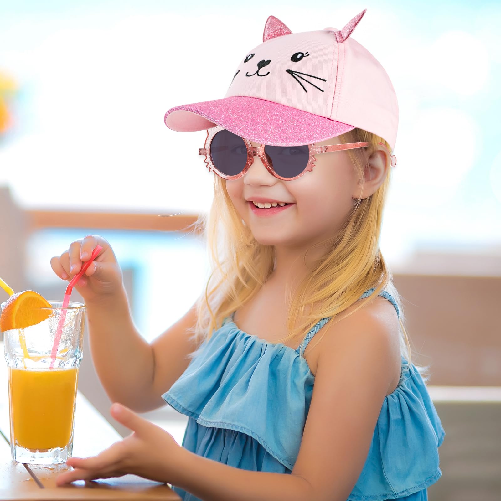 Gorra de Béisbol para Niñas con Orejas de Gato, Gafas de Sol para Niños Protección UV Ajustable Sombrero de Lentejuelas Visera Lindo Playa Gorras Casual Regalos para Niñas Verano
