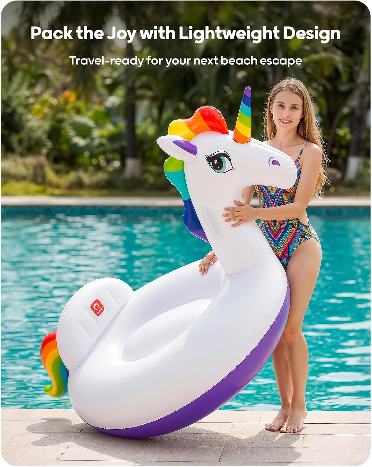 QPAU Unicorn Pool Float, Rainbow Inflatable Pool Float for Adults & Kids, Animal Pool Float for Swimming Pool, Beach & Lake