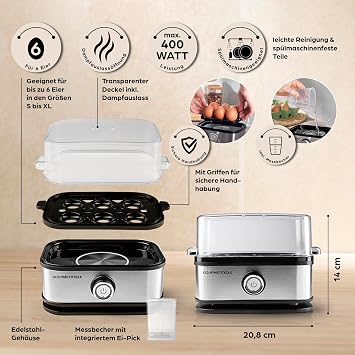 Gourmetmaxx Egg Cooker for 6 Eggs Egg Boiler with Egg Cutter in Measuring Cup Egg Cooker with 3 Hardness Levels Suitable for Every Egg Cup Design Egg Cooker Stainless Steel Dishwasher Safe Parts