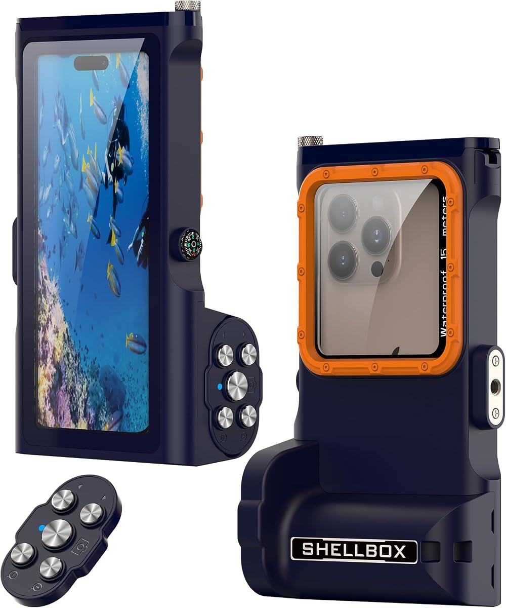 Waterproof Diving Snorkeling Phone Case Bluetooth Control 50ft– Universal Fit with iPhone 15/14 Pro Max/Samsung Galaxy S25/S24/Ultra/Plus/Pixel Motorola 4.7-6.9 inch, Blue Orange