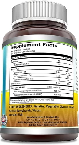 Miniatura 9 de Amazing Omega Fish Oil 1000 mg Softgels Suplemento  Omega-3, 180 mg de EPA. 120 mg de DHA  Alta potencia (400 unidades)