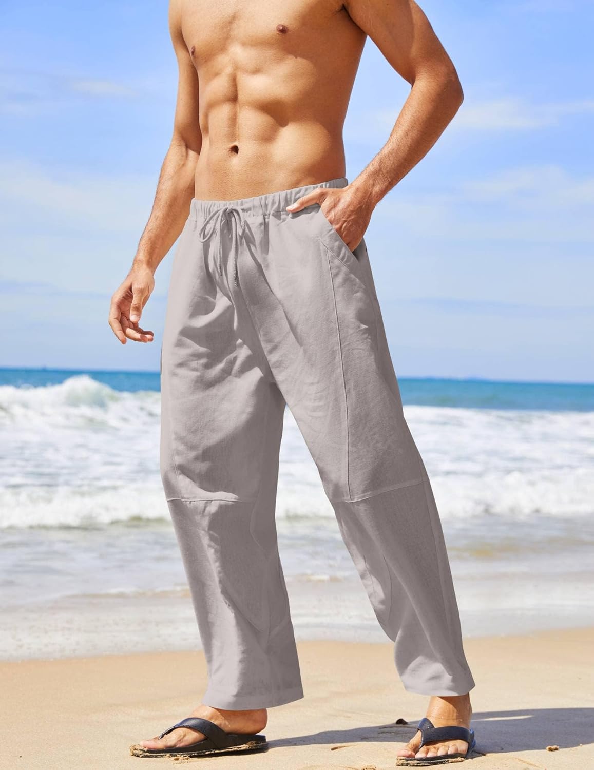 COOFANDY Men's Linen Trousers, Long Loose Fit Summer Trousers, Lightweight Casual Trousers, Holiday Beach Trousers, Yoga Trousers, Harem Trousers, Hippie Long Trousers - Image 3
