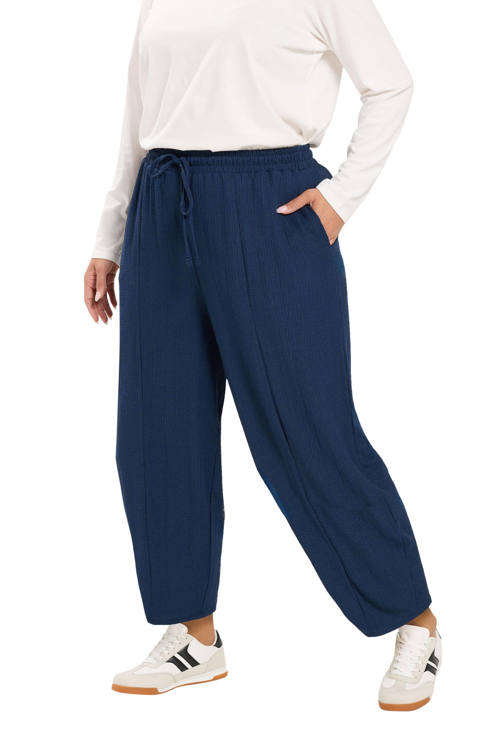 Yours Women's Dark Navy Crinkle Barrel Trousers In | Size: 22-24