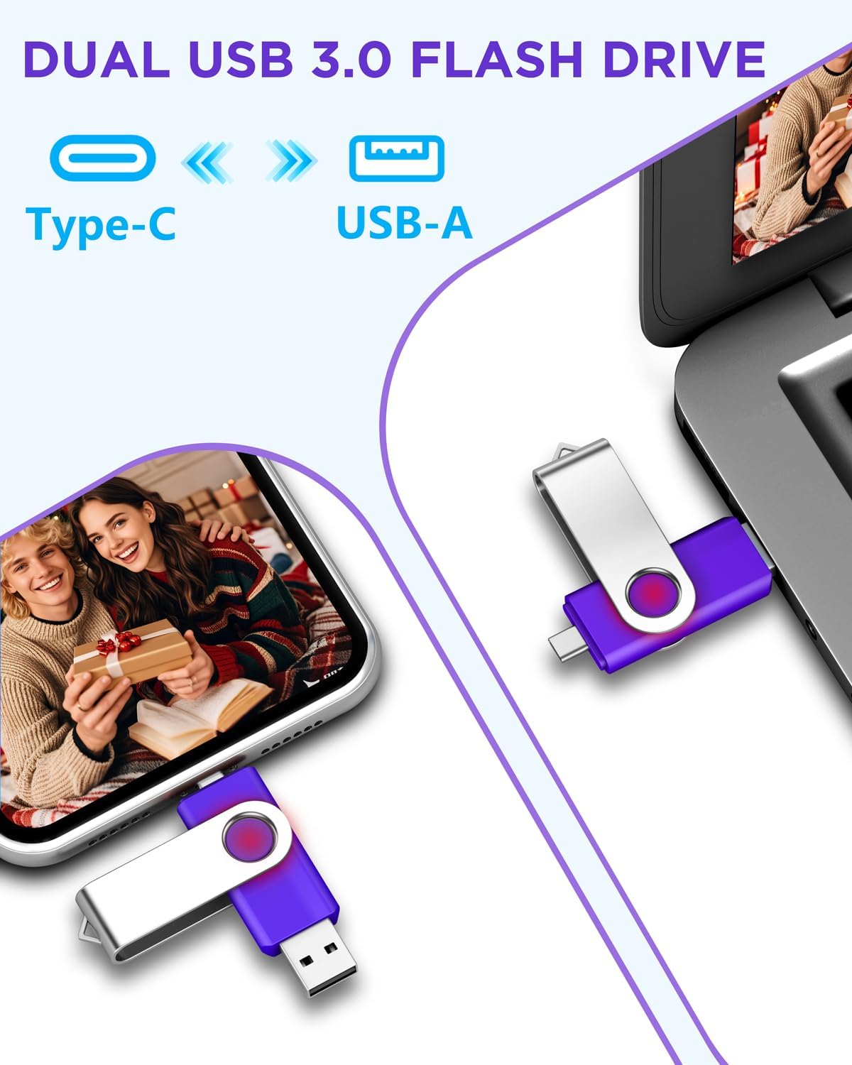 AGECASH 128GB USB-C Dual Flash Drive 1 Pack | 2-in-1 USB A + Type C Flash Drives USB C Thumb Drive USB 3.0 exFAT USBC Memory Stick 128GB - Purple