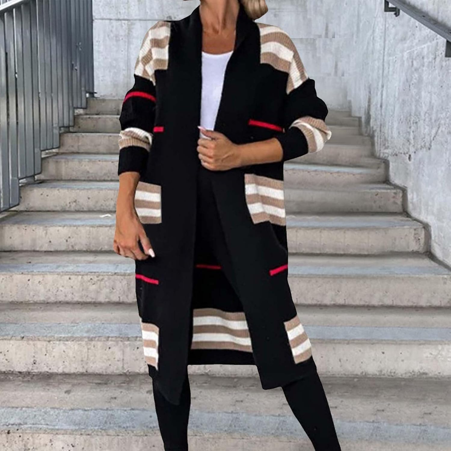 Women's Knit Cardigan Coats Loose Striped Color Block Plus Long Braided Cardigan Sweater with Pockets