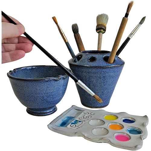 3 Piece Set for Canvas Art Watercolor Painting - Swirl Paint Palette Painters Rinse Cup and Brush Tool Caddy (Blue)