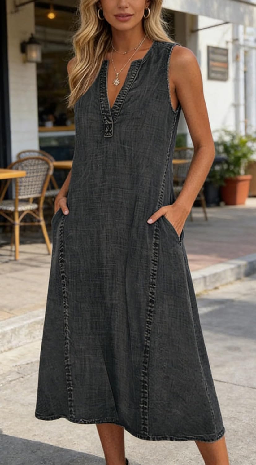 CHARTOU Women Casual Sleeveless Denim Midi Dress A Line Summer - Image 2
