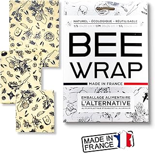 BEE WRAP by INDUTEX®️, 100 % français - Emballage Alimentaire Alternatif BIO à la Cire d'Abeille écologique/réutilisable/lavable, zéro déchets. 3 tailles(S-M-L) MADE IN FRANCE,certifié ECOCERT