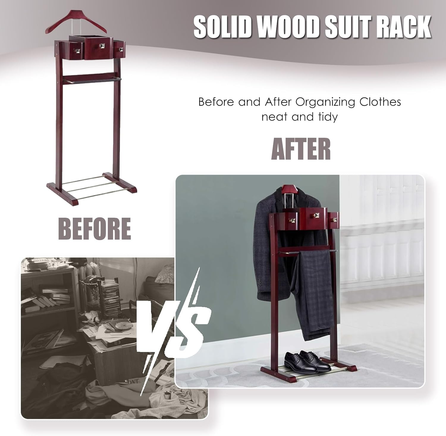 Sophisticated Freestanding Valet Stand, Solid Wood Suit Rack with Drawers, Pants Bracket & Tie Holder, Perfect for Home or Office Decor