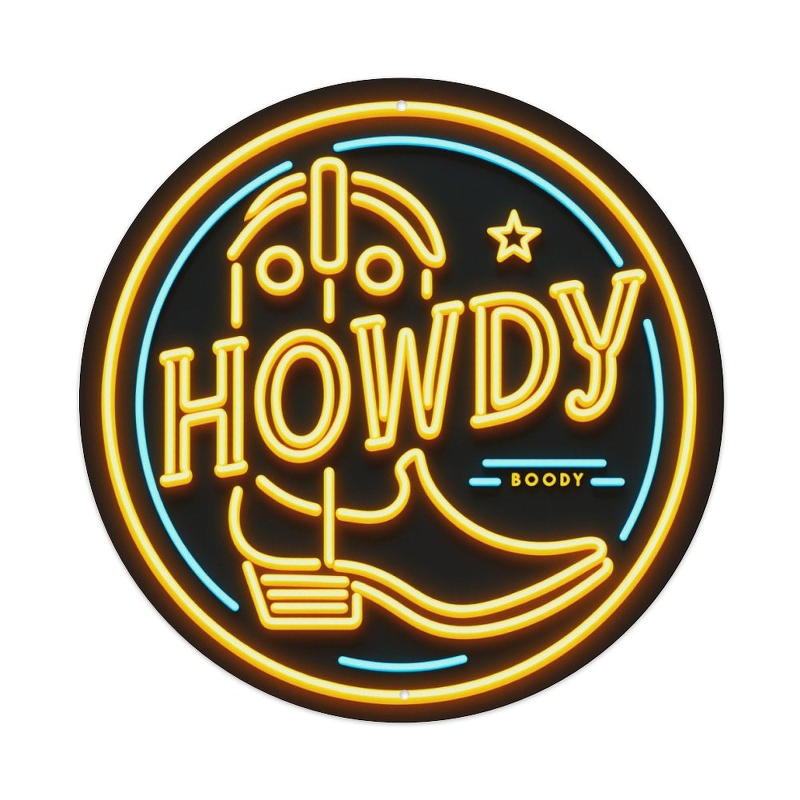 Neon Circle Howdy Boot Star Design Round Vintage Tin Sign,Retro Wall Art,Metal Poster for Home, Bar, Garage, Cafe, Rustic Indoor & Outdoor Decor, 8x8 Inches
