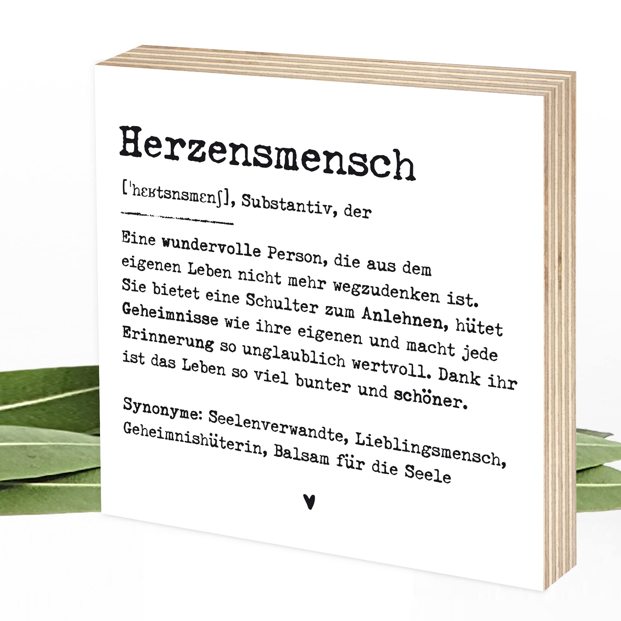 Wunderpixel® Holzbild Definition Herzensmensch - 15x15x2cm zum Hinstellen/Aufhängen, echter Fotodruck mit Spruch auf Holz - schwarz-weißes Wand-Bild Aufsteller Zuhause zur Dekoration Geschenk-Idee