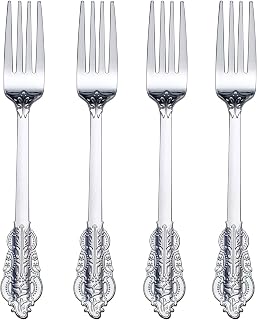 WDF 100 Piece Silver Forks Disposable - 7.48 Inch Silver Plastic Forks - Baroque Silverware for Dessert Cake - Heavy Duty Plastic Fork for Christmas Party, Wedding or Daily Using