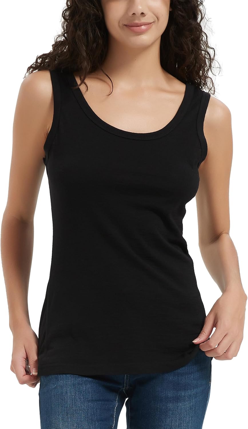 100% Merino Wool Tank Top for Women, Scoop Neck, Active Lightweight Breathable Undershirt, No-Odor Base Layer