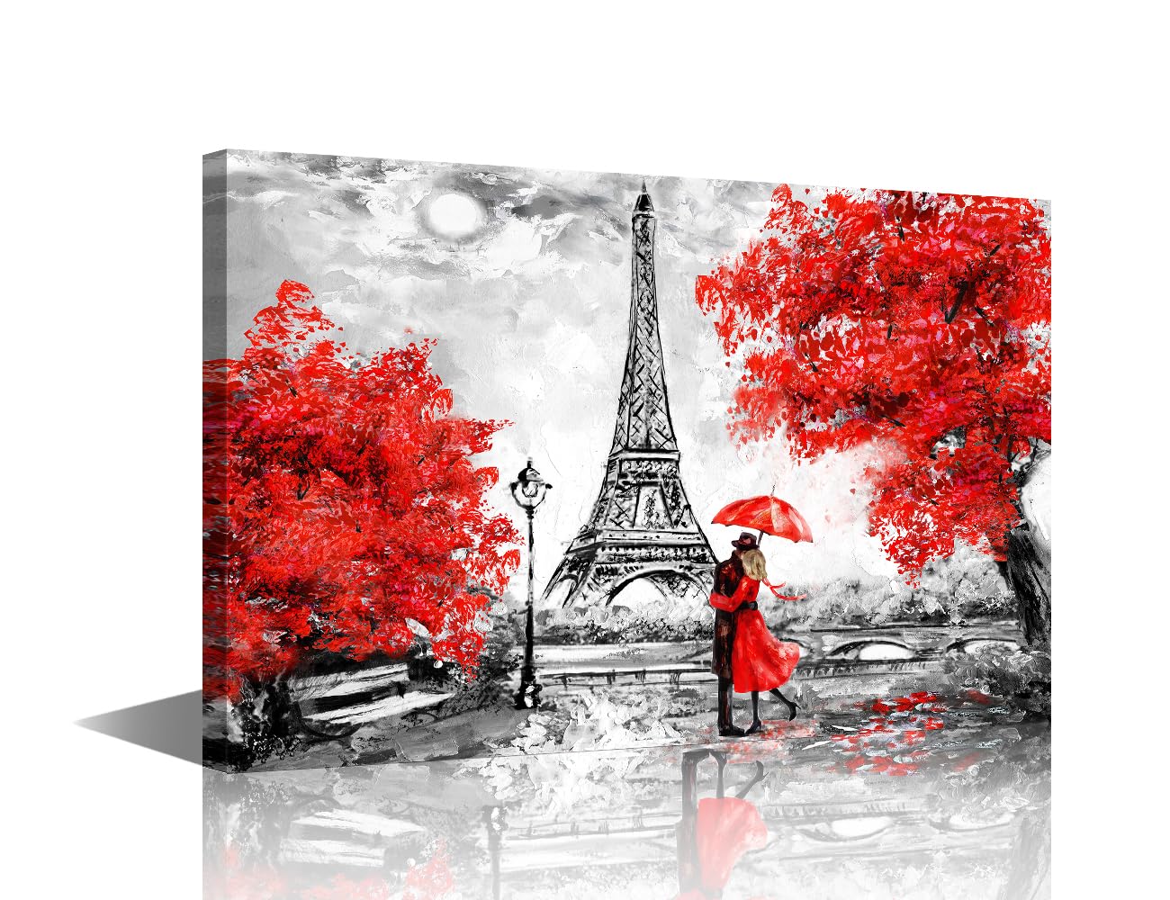Paris Wall Art European City France Landscape Oil Painting Style Eiffel Tower Canvas Wall Art for Living Room Couple under Umbrella on Street Wall Decor Framed Prints 24"x16"