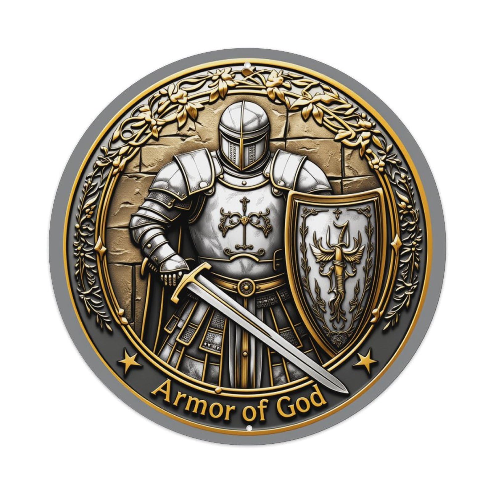 Knight Armor Shield Sword Cross Round Tin Sign Vintage Metal Poster, Home Bar Garage Man Cave Cafe Indoor & Outdoor Wall Decoration 8x8Inches