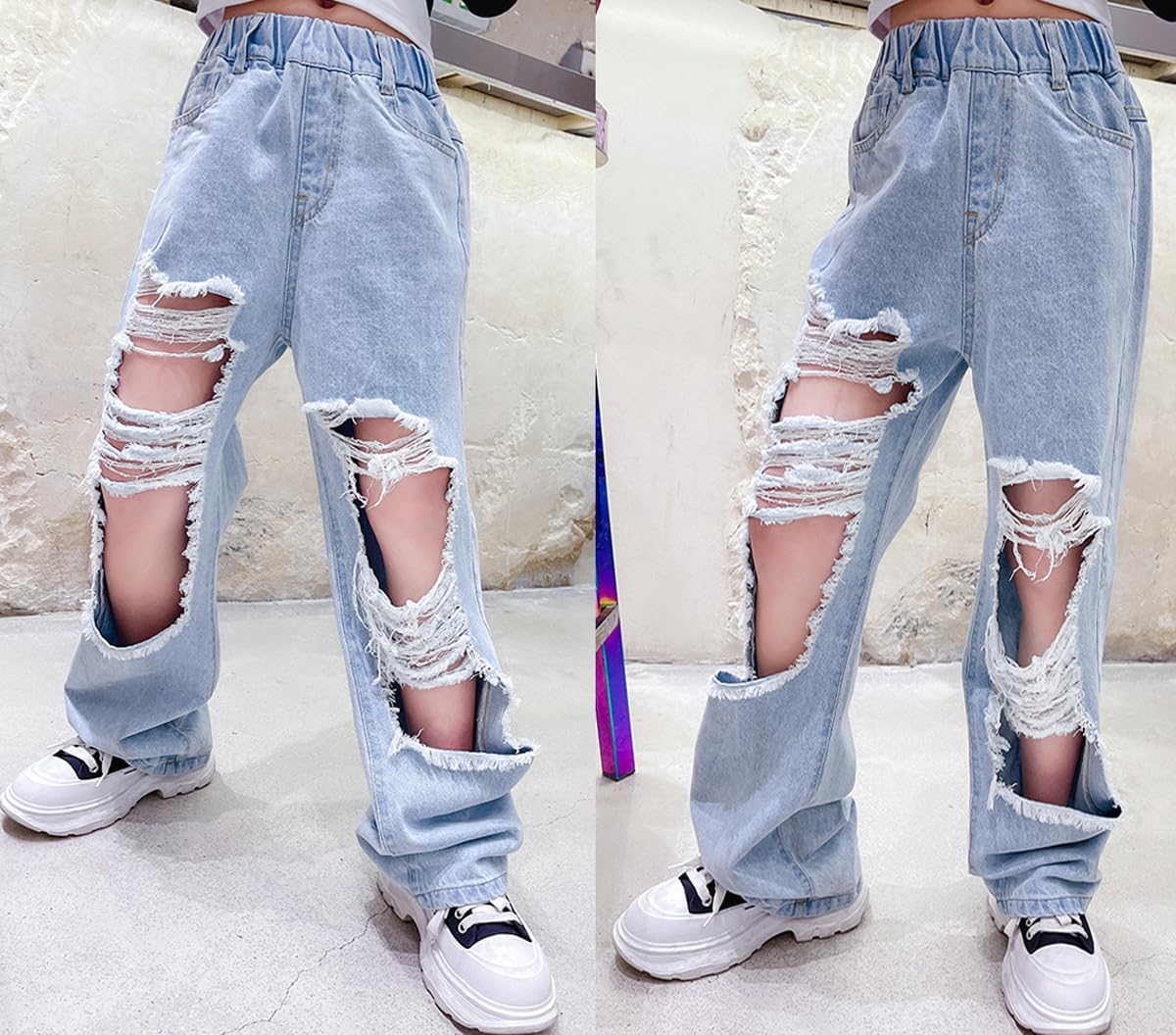 NABER Kids Girls' Wide Leg Ripped Denim Pants Ripped Jeans Age 5-14 Years | Ripped wide leg jeans