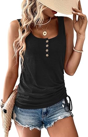 Micticsi Women Scoop Neck Button Tank Top Sleeveless Ruched Drawstring Side T Shirt 2025