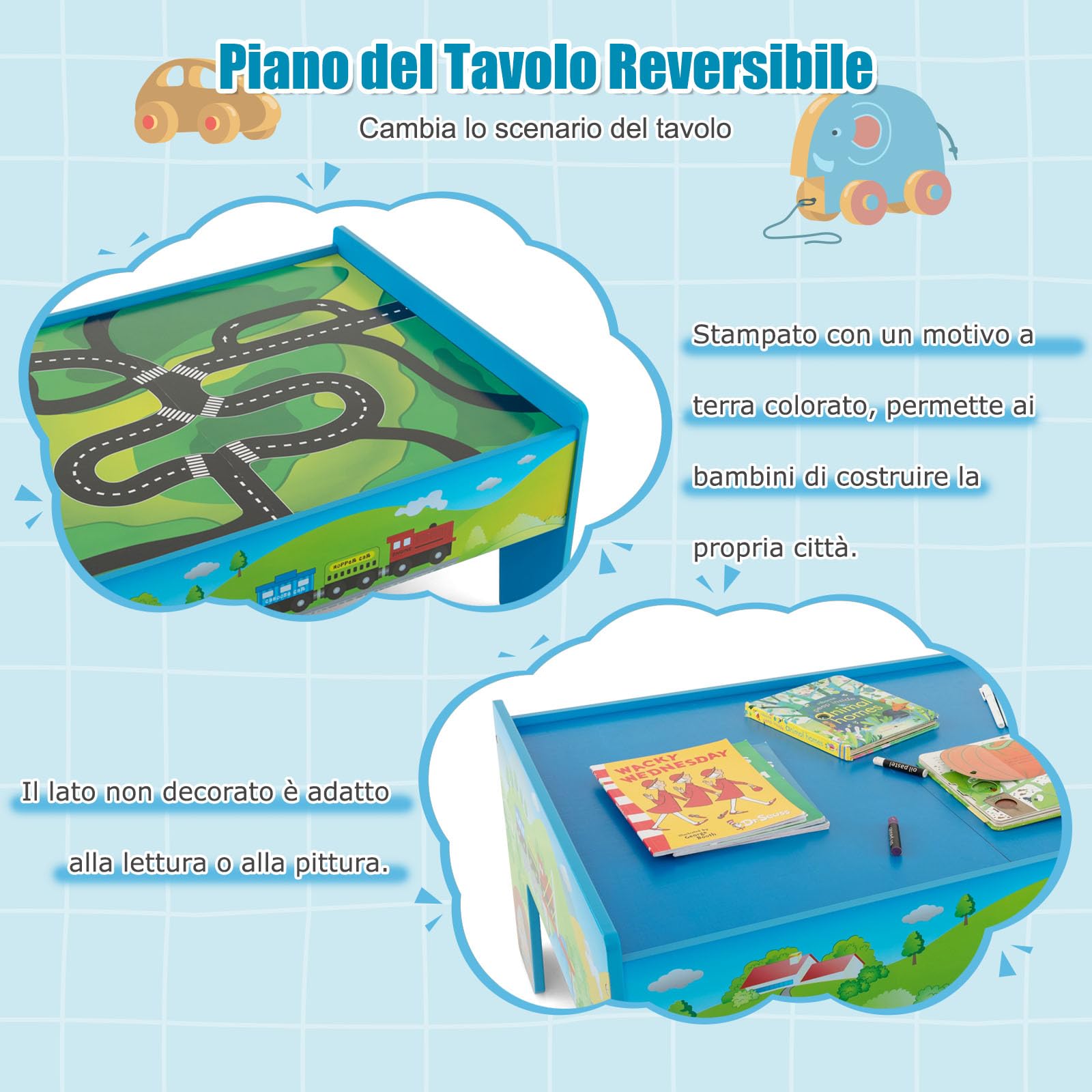 GYMAX Tavolo e Set Ferrovia in Legno, Set Gioco Colorato da 80/84 Pezzi con Piano Reversibile, Cassetto, Binari, Treni, Figure, Macchinine, Tavolo Giocattolo Educativo per Bambini 3 Anni+ (Stile 2)