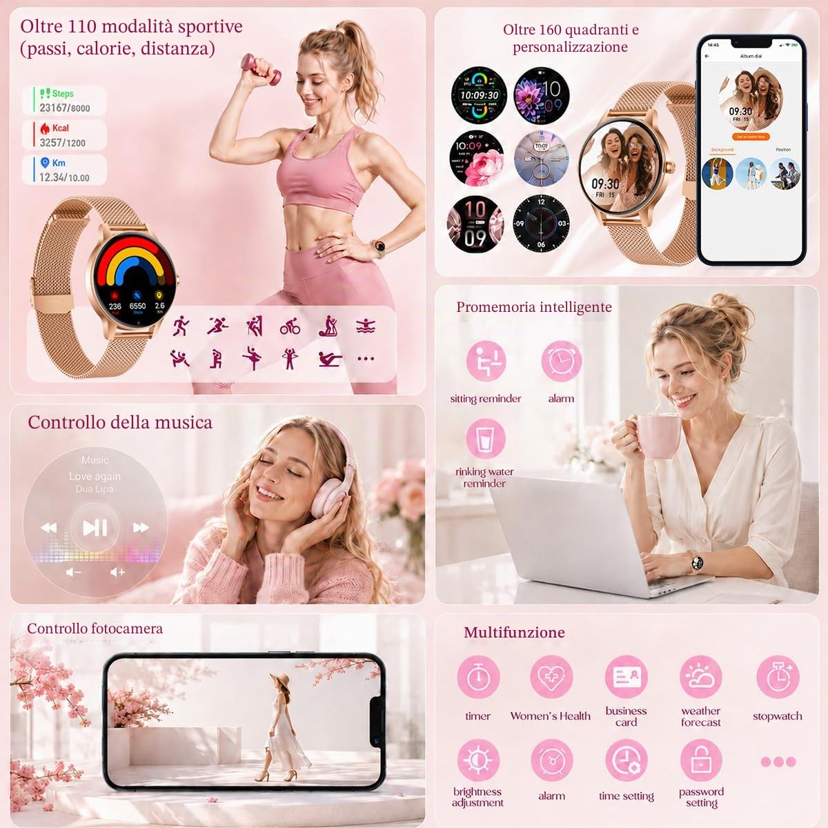 Smartwatch Donna Orologio Chiamate Bluetooth: 1,27" Tondo Touch Orologi Smart Watch da Impermeabile Sport Fitness Contapassi Cardiofrequenzimetro Pressione Caloriec Oro Polso per Android iOS Telefono