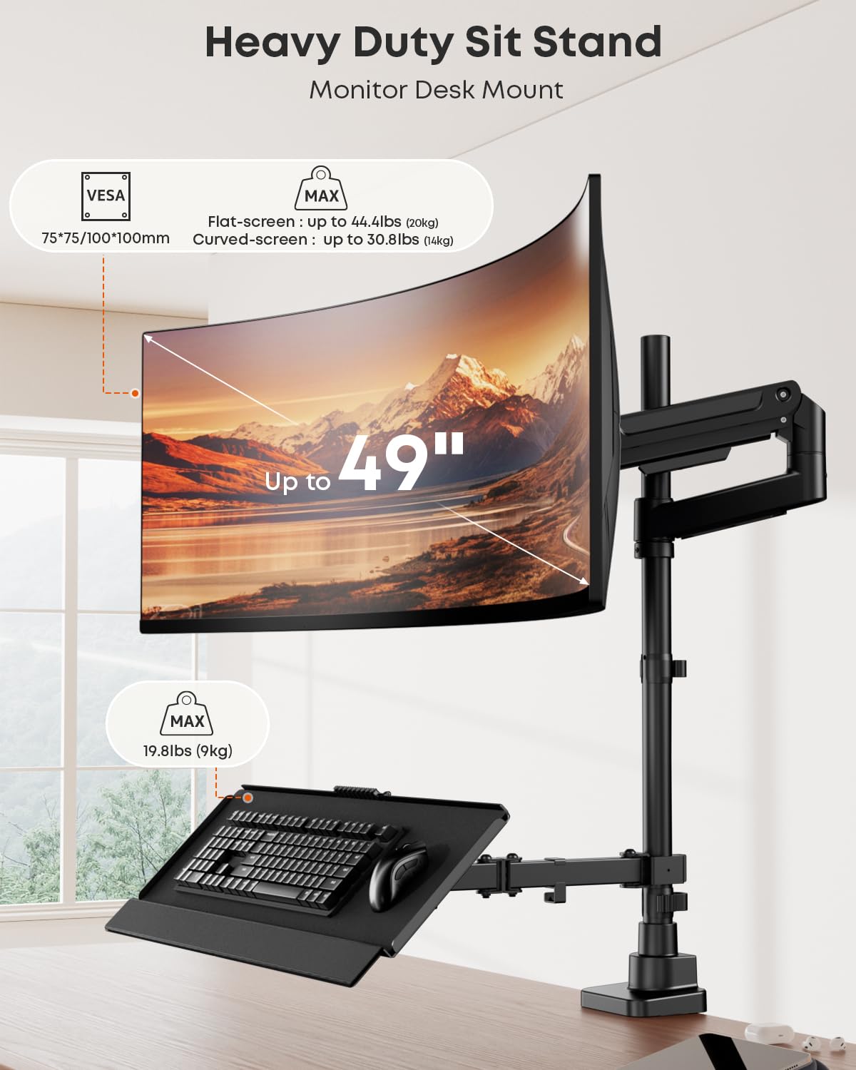 PUTPRSEN Soporte Monitor con Bandeja Teclado – Carga Pesada hasta 49 Pulgadas & 10 kg, Brazo con Gas Elevable Sentado-Pie, Ergonomico para Oficina y Teletrabajo, Gestión de Cables, Compatible VESA