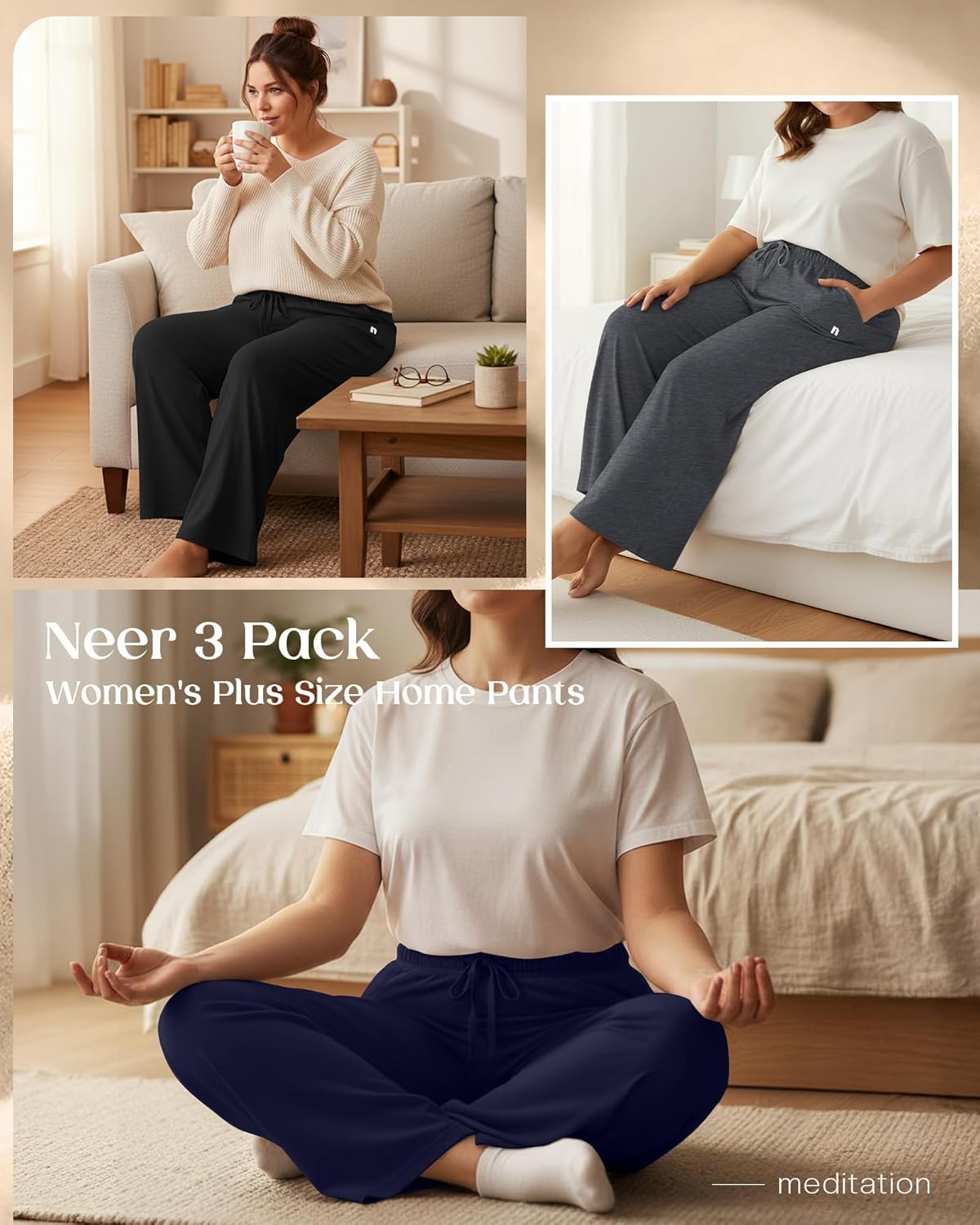 Neer 3 Pack Women's Plus Size Pants, Wide Leg Lounge Loose Sweatpants High Waist Drawstring Cotton Yoga Pants with Pockets