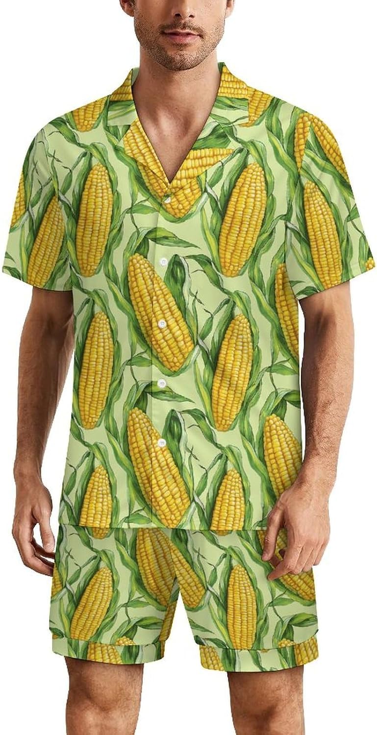 Fresh Corn On The Cob Men's Short Sleeve Pajama Set Satin Silk Like Lounge Sleepwear