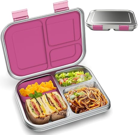 BOSEDSANG Stainless Steel Kids Leak-Resistant Bento Lunch Box, 3-Compartments with
