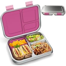 BOSEDSANG Stainless Steel Kids Leak-Resistant Bento Lunch Box, 3-Compartments with Silicone Container, Dishwasher-Safe, Child-Friendly Design for School, Picnics &amp; Travel,BPA-Free(Pink)