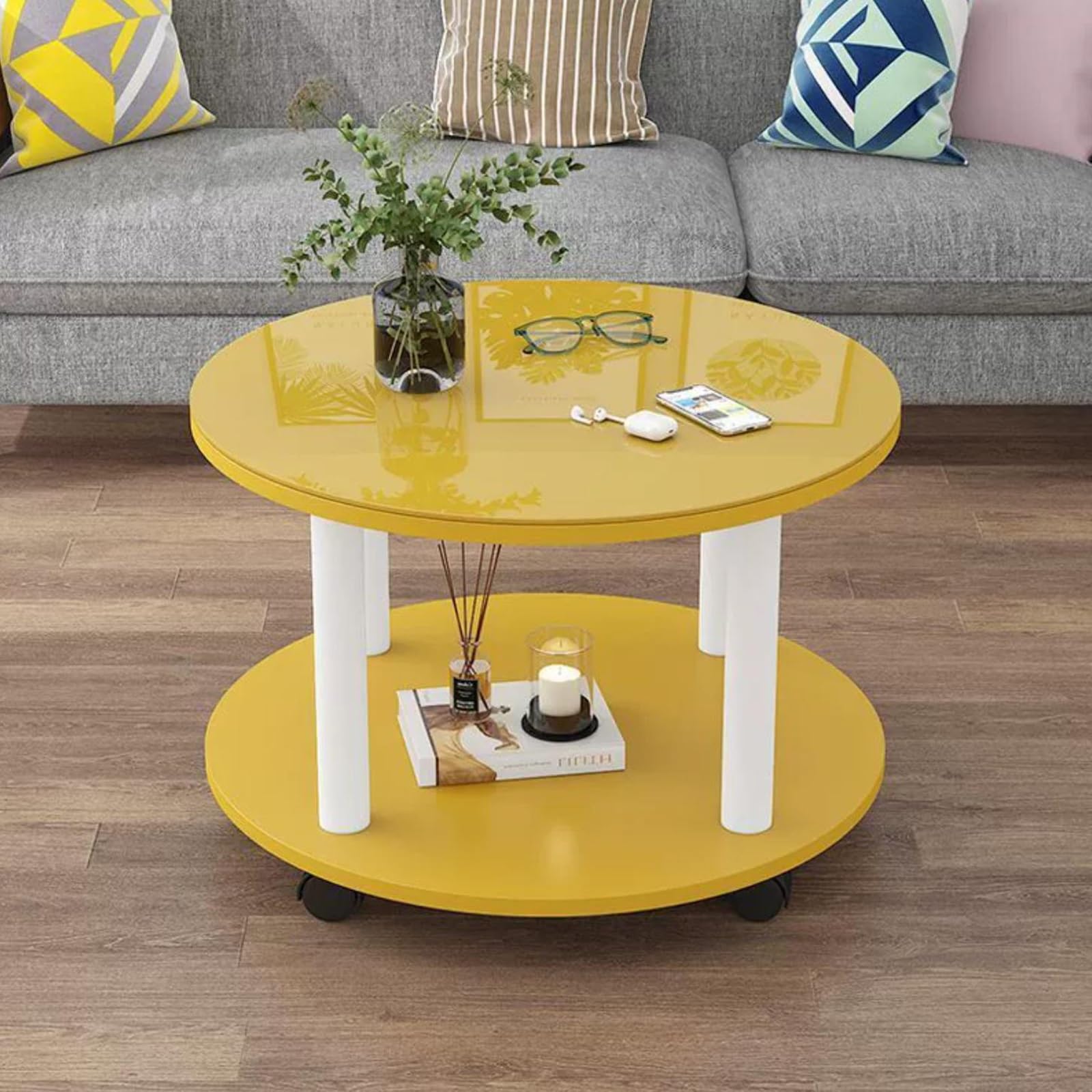 Table basse ronde moderne jaune avec rangement et roulettes pour salon