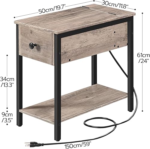 Miniatura 3 de HOOBRO Mesa auxiliar con estación de carga, mesa auxiliar estrecha, mesita de noche pequeña, mesitas de noche con cajón y estantes de
