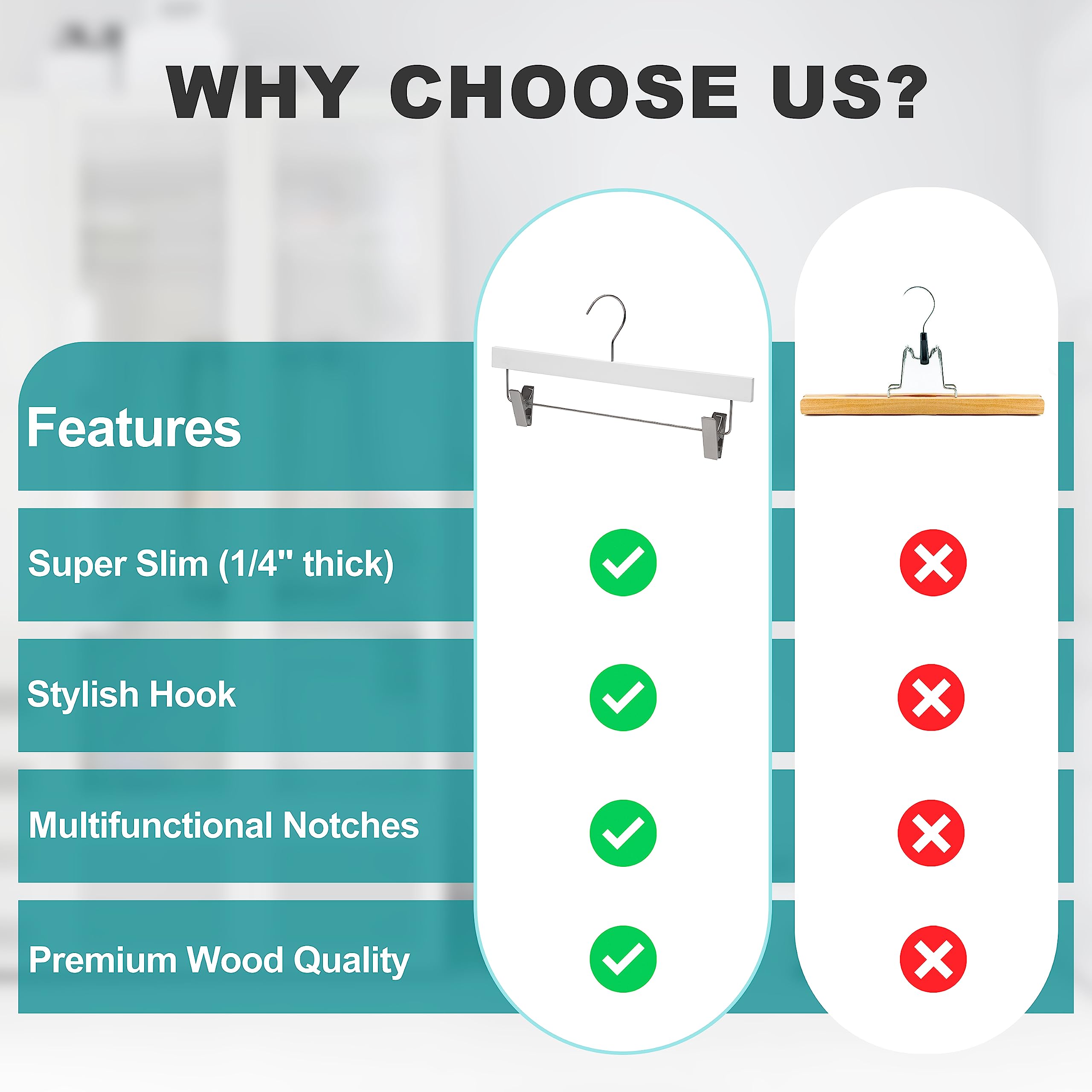 20 perchas de madera ultrafinas para ahorrar espacio con barra cuadrada para pantalones, lo mejor para camisas, blusas, pantalones, vestidos, perchas color blanco (blanco, falda, 20)