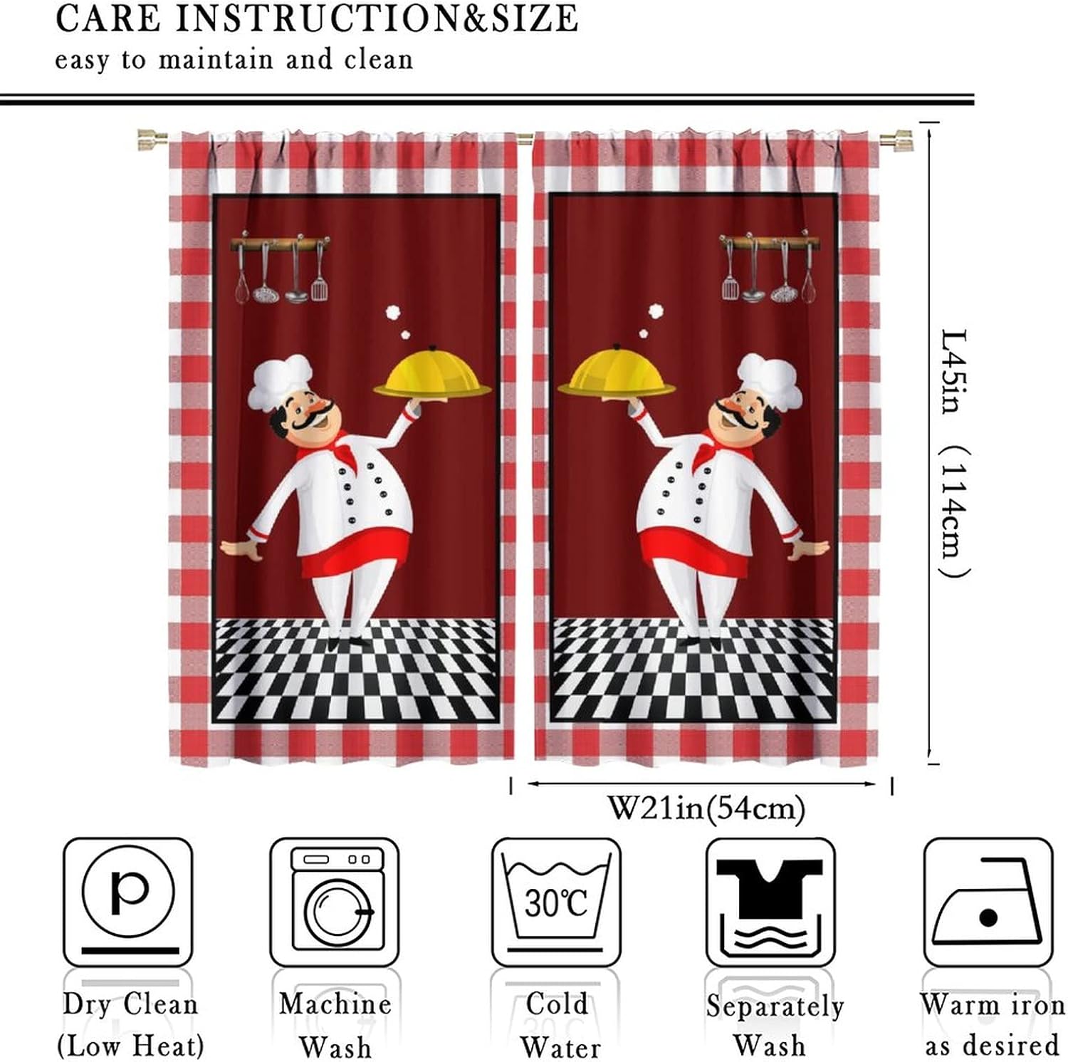 Kitchen Chef Tier Curtains, Cute Cartoon Chef Gourmet Knife Fork Red Black Check Plaid Rod Pocket for Bedroom Living Room Studio Dorm Curtain Window Curtain 2 Panels 42x45 Inch