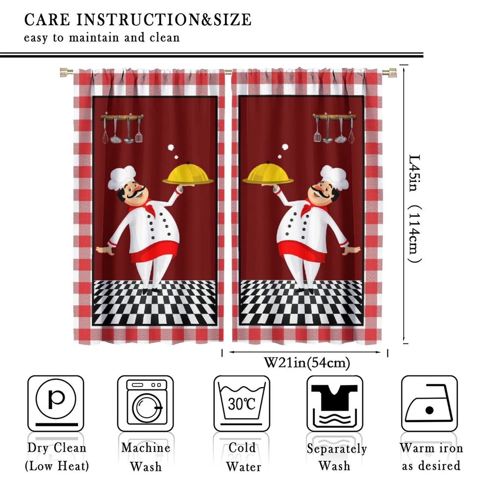 Kitchen Chef Tier Curtains, Cute Cartoon Chef Gourmet Knife Fork Red Black Check Plaid Rod Pocket for Bedroom Living Room Studio Dorm Curtain Window Curtain 2 Panels 42x45 Inch