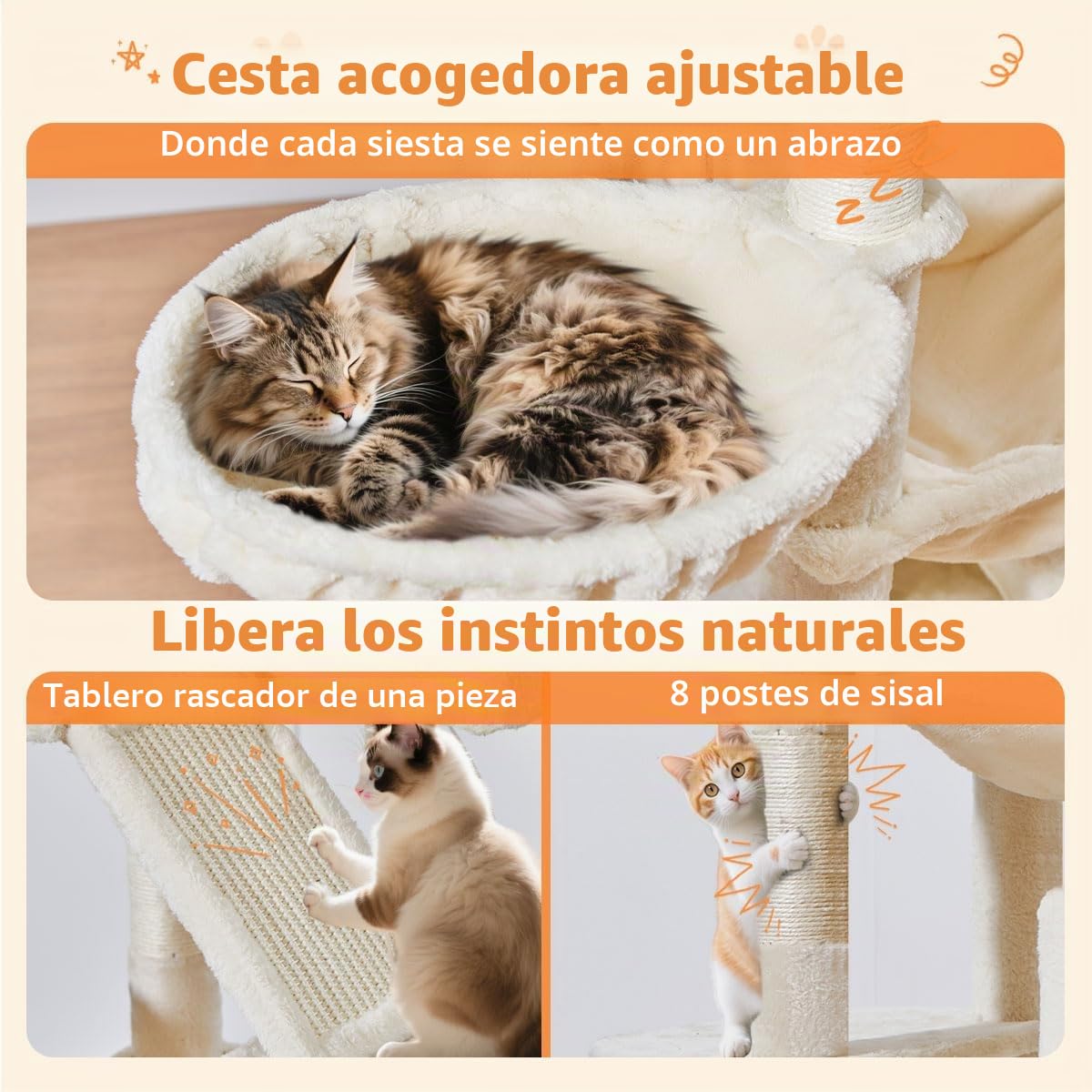 TaoqimiaoRascador para Gatos Grandes, 180CM Estable Arbol Rascador para Gatos com Cuevas, Cesta, Hamaca, Postes, MS026LM Beige