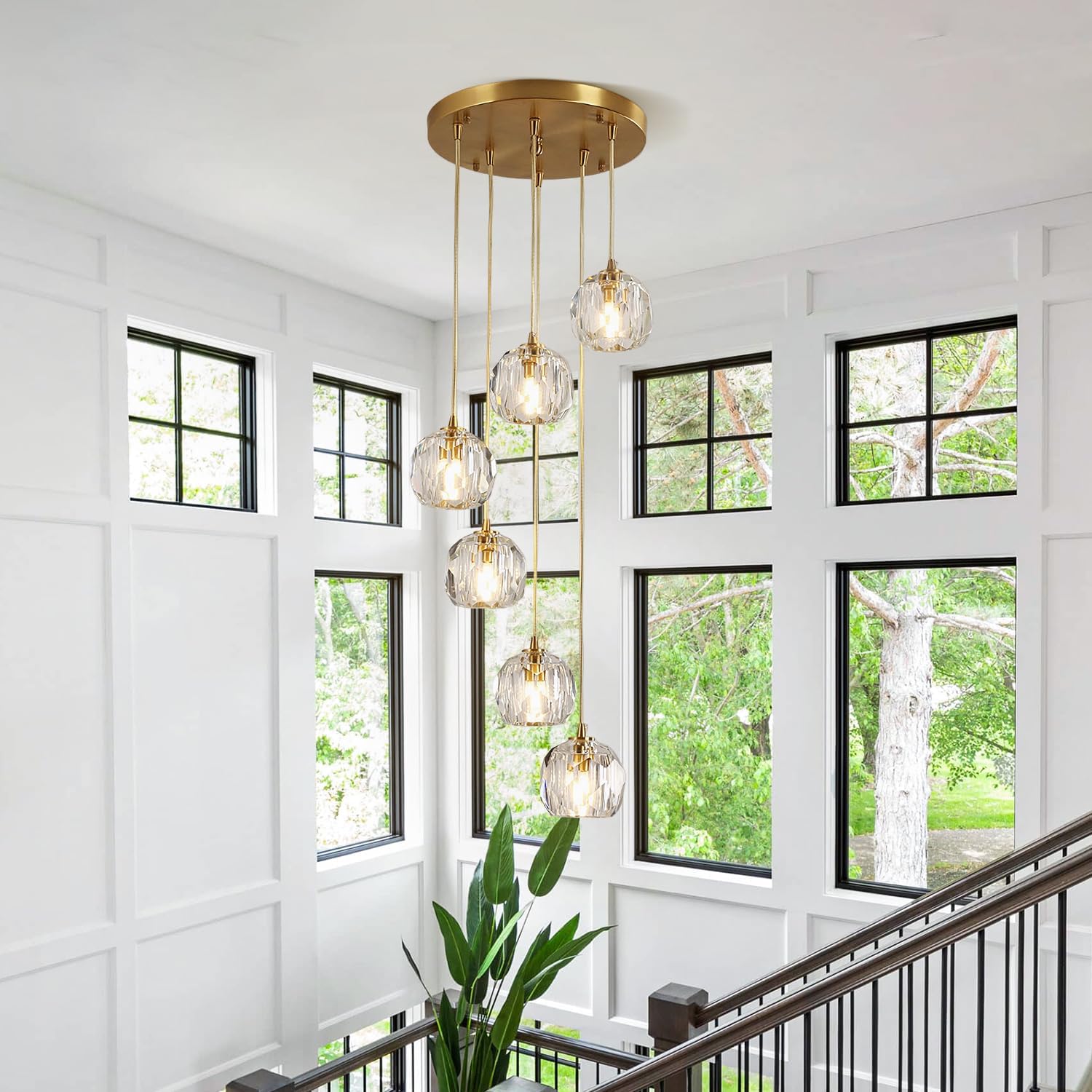 Modern 6 Lights Cluster Pendant Lighting Multi Light Gold Crystal Chandelier Pendant Light Mid Century Anti Brass Clear Glass Round Ceiling Hanging Light Fixture