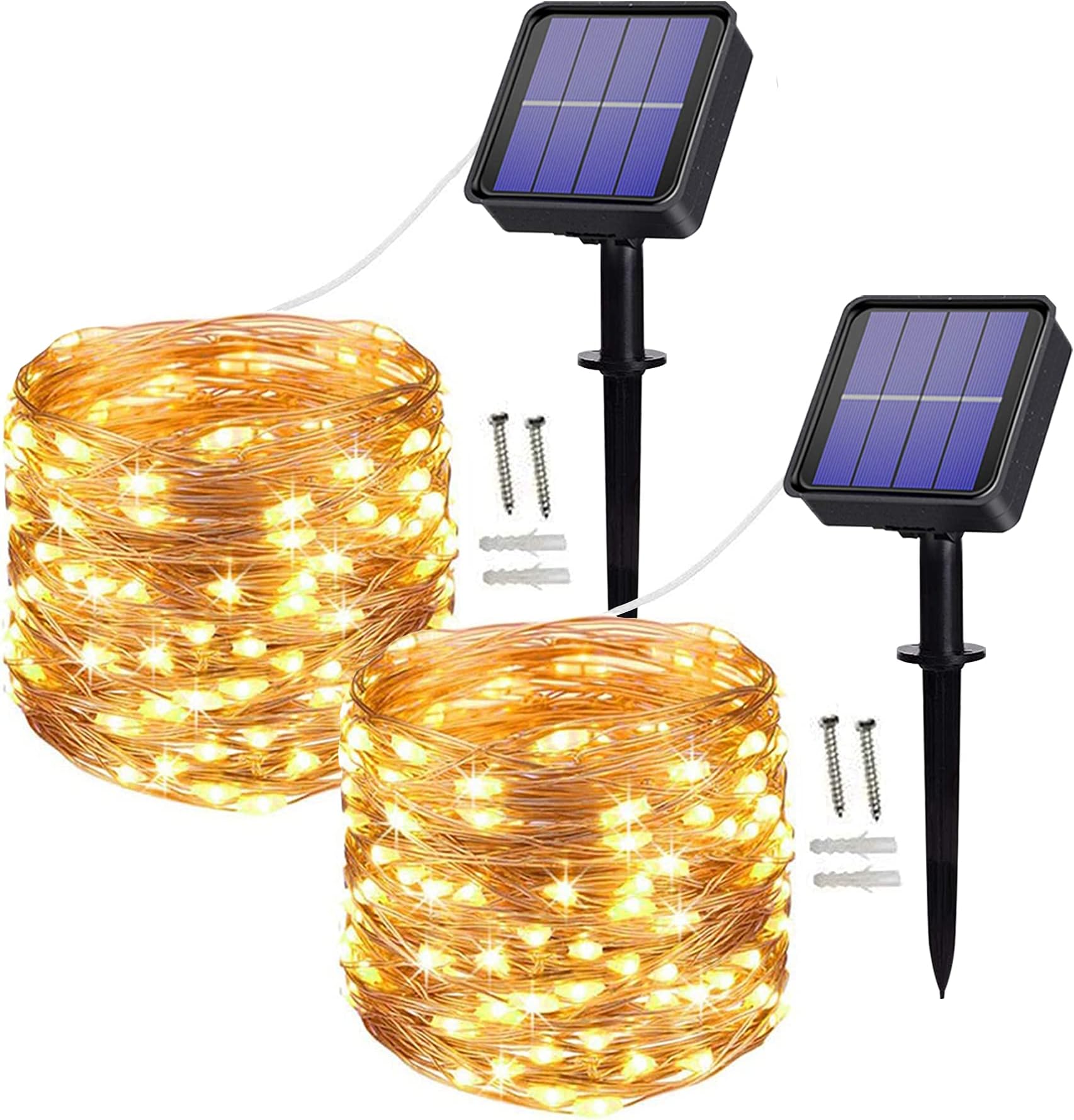 Augone [2 Pack Solar String Lights, 100 LED 10M/32Ft 8 Modes Solar Fairy Lights Waterproof Outdoor/Indoor Garden Lights Copper Wire Lighting for Wedding, Patio, Yard, Festoon, Christmas (Warm White)