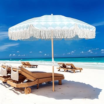 Patio Table Umbrella Tilt, Beach Umbrella with Fringe Boho Pool Umbrella Waterproof Holiday Outdoor Umbrella Portable Tassel Umbrella UV Resistant for Backyard, Deck, Garden