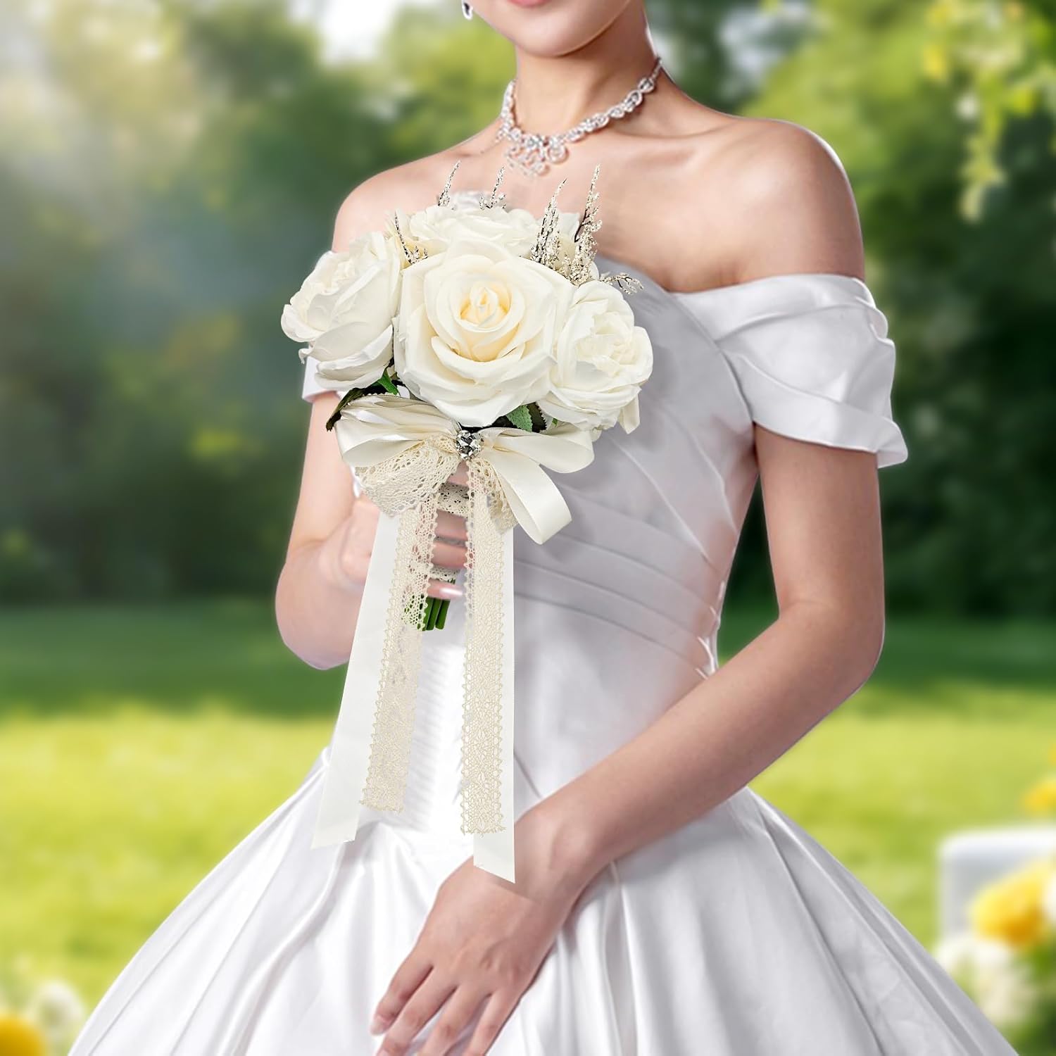 Verichy 8.5 Inches Wedding Bouquet Cream Artificial Flower Bouquet 15 Faux Roses for Bride Wedding Marriage Proposal Party Church Decoration