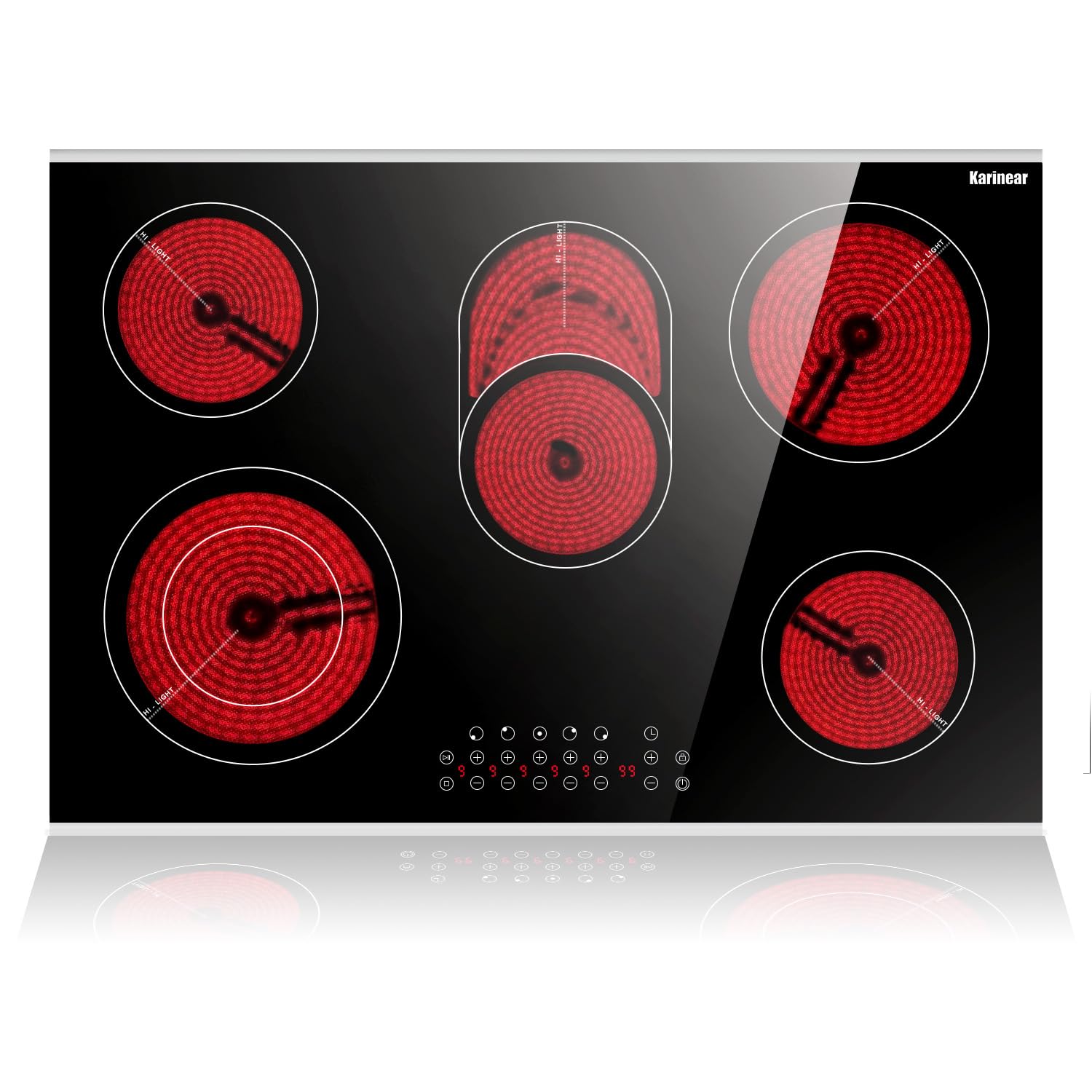 Karinear Glaskeramikkochfeld 5 Platten Einbau, Keramik kochfeld 5 Zonen, 77 cm, Herdplatte 5 Kochfelder, mit Berührungssteuerung, Timer, Kindersicherung, 220-240V, 8400W, Keine Stecker