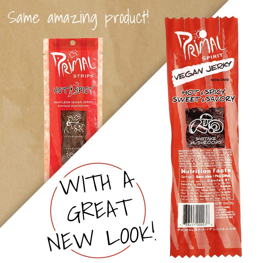 Primal Spirit Vegan Jerky “Shitake Mushroom” – “Classic Flavor” – Hot & Spicy-Sweet & Savory, 10 g. Plant Based Protein, Certified Non-GMO, No Preservatives, Sports Friendly Packaging (12 Pack, 1 Oz)